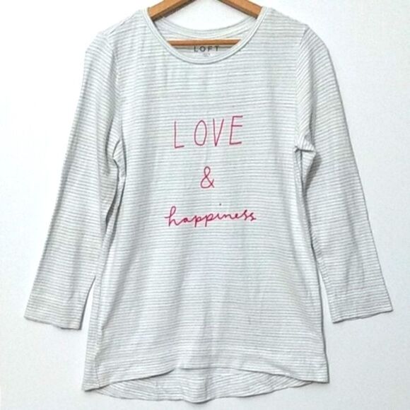 LOFT "Love & Happiness" White Striped Tee - S - Picture 1 of 8